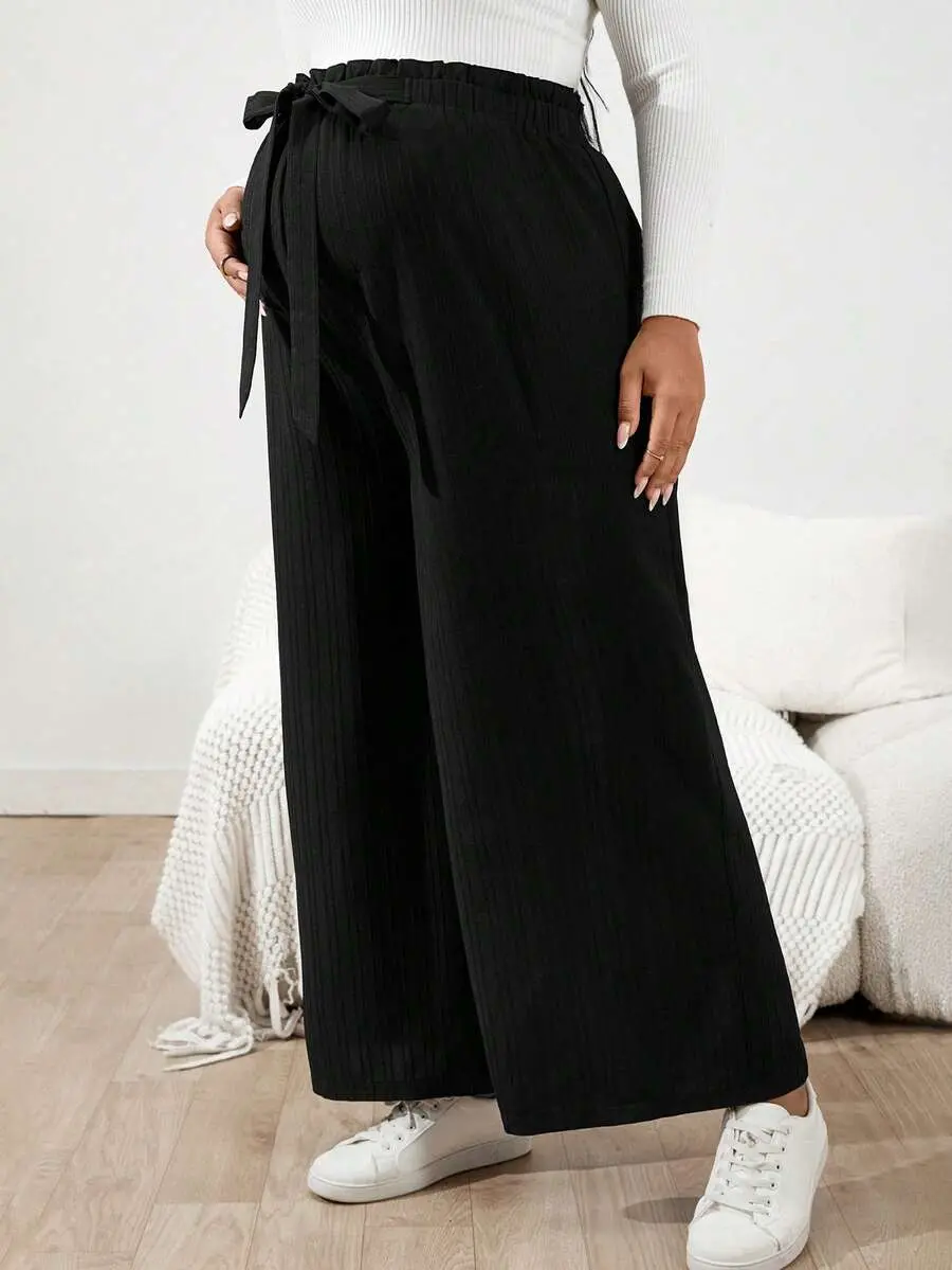 [FREE SHIPPING] Summer Maternity Plus Size Pregnant Women's Solid Color Knotted Waist Wide Leg Casual Pants Dress Bow Curve Maternity Photoshoot Black