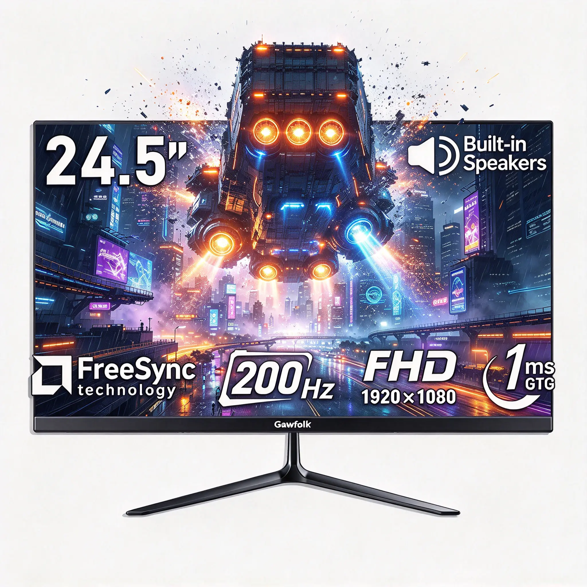 Gawfolk 24.5" 200Hz FHD Gaming Monitor - VA 1080p Crisp FHD, 1ms GTG Response Time, FreeSync, 99% sRGB, DC Global Dimming, Wide Viewing Angles, Blue Light Filter, Ultra Slim Frameless Design, HDMI Ports, 75x75 VESA Wall Mountable, Black