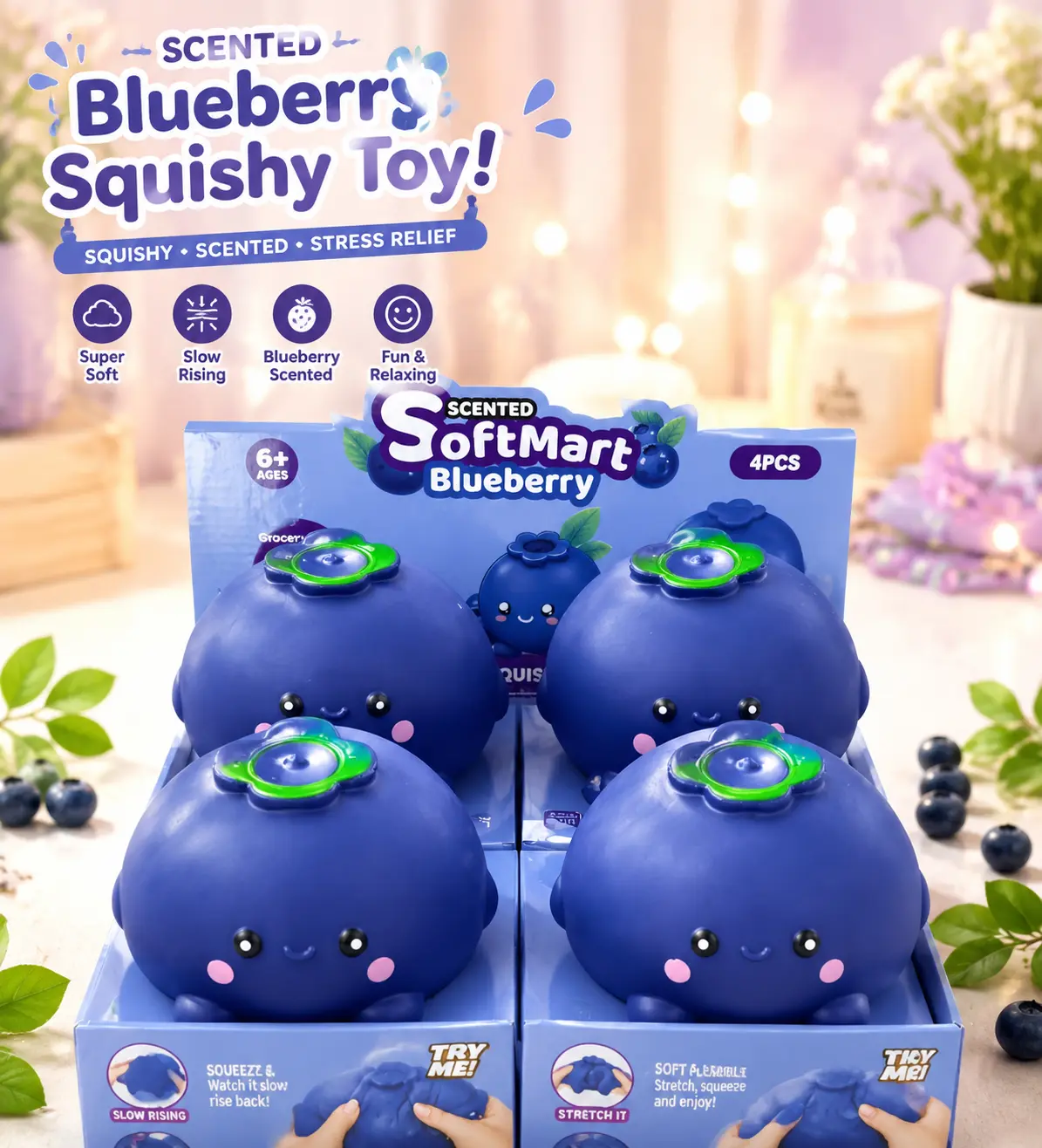 Fruit Shape Blueberry Squishy Toy - Soft Material Stress Relief Sensory Decorative Fruit for Home Decor & Supplies