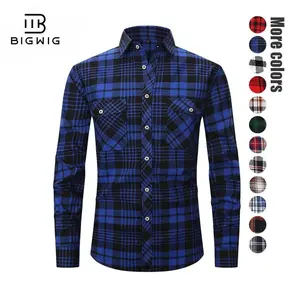 BIGWIG Men's Spring/Summer Long-Sleeve Shirt - Slim-Fit Business Casual Basic Plaid Top with 2 Plaid Pockets