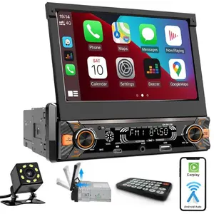 7'' 1DIN Car Stereo Motorized Flip Out Touchscreen Wired Carplay&Android Auto Bluetooth Mirror Link USB/TF/AUX/Type-C │ Hands-Free Calling Voice Assistant 30-Band EQ Fast Charger FM 8LED Backup Camera Universal Fit for Car Van RV Pickup Truck Bus