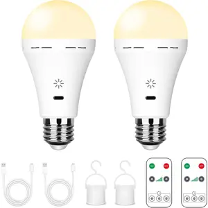 USB Rechargeable Light Bulb with Remote Control, 2600mAh   Light Bulbs E26 Touch Control Dimmable LED Bulb with Timer, Outdoor  Bulb with Hook,3000K/2 Pack