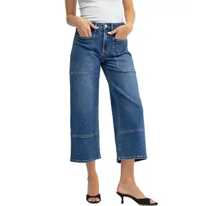 SIDEFEEL Women's High-Waisted Wide-Leg Cropped Jeans with Patch Pockets Trendy Stretchy Loose Straight Zimbaplatinum Denim for Casual Style