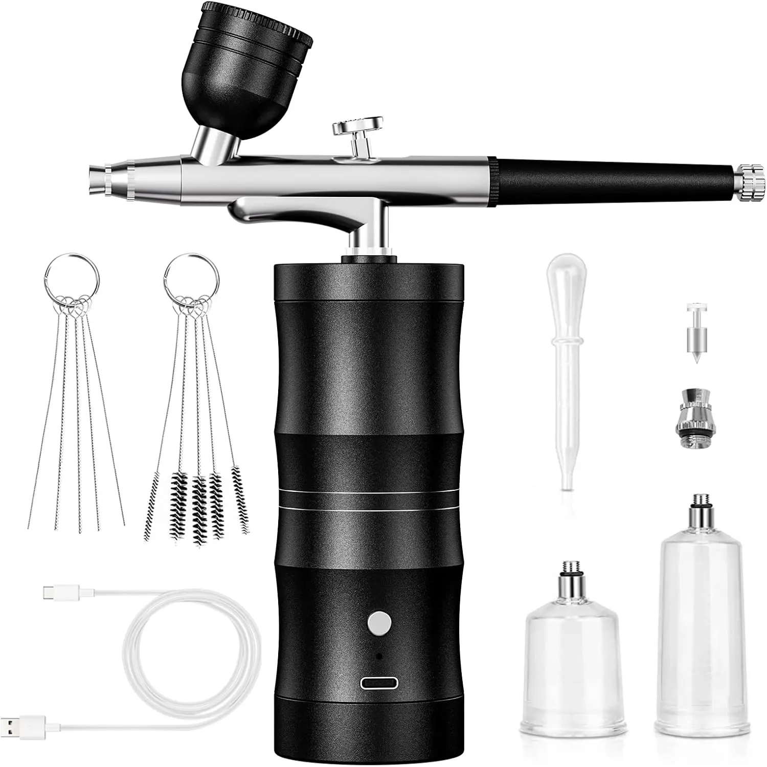 Portable Airbrush Kit with Compressor, 48 PSI High-Pressure Cordless Airbrush Set, 0.3mm Nozzle, Non-Clogging Air Brush for Painting, Nail Art, Makeup, Includes Cleaning Brush (Black)