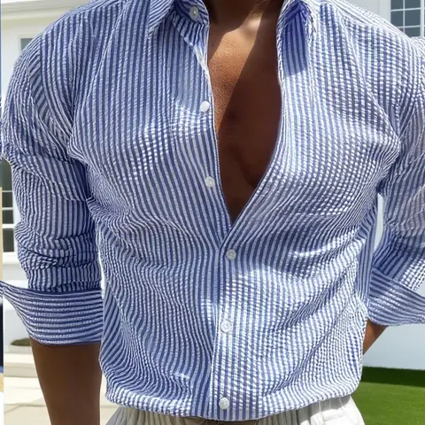 Men's Striped Print Long Sleeve Shirt, Casual Comfy Top for Spring & Fall, Men's Clothes for Daily Wear
