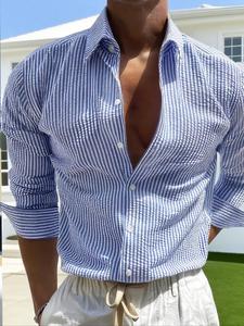 men's striped print longsleeves shirt, casual comfy top for spring & fall, men's clothes for daily wear, casual fit comfy menswear, casual summer clothes, fashion casual top
