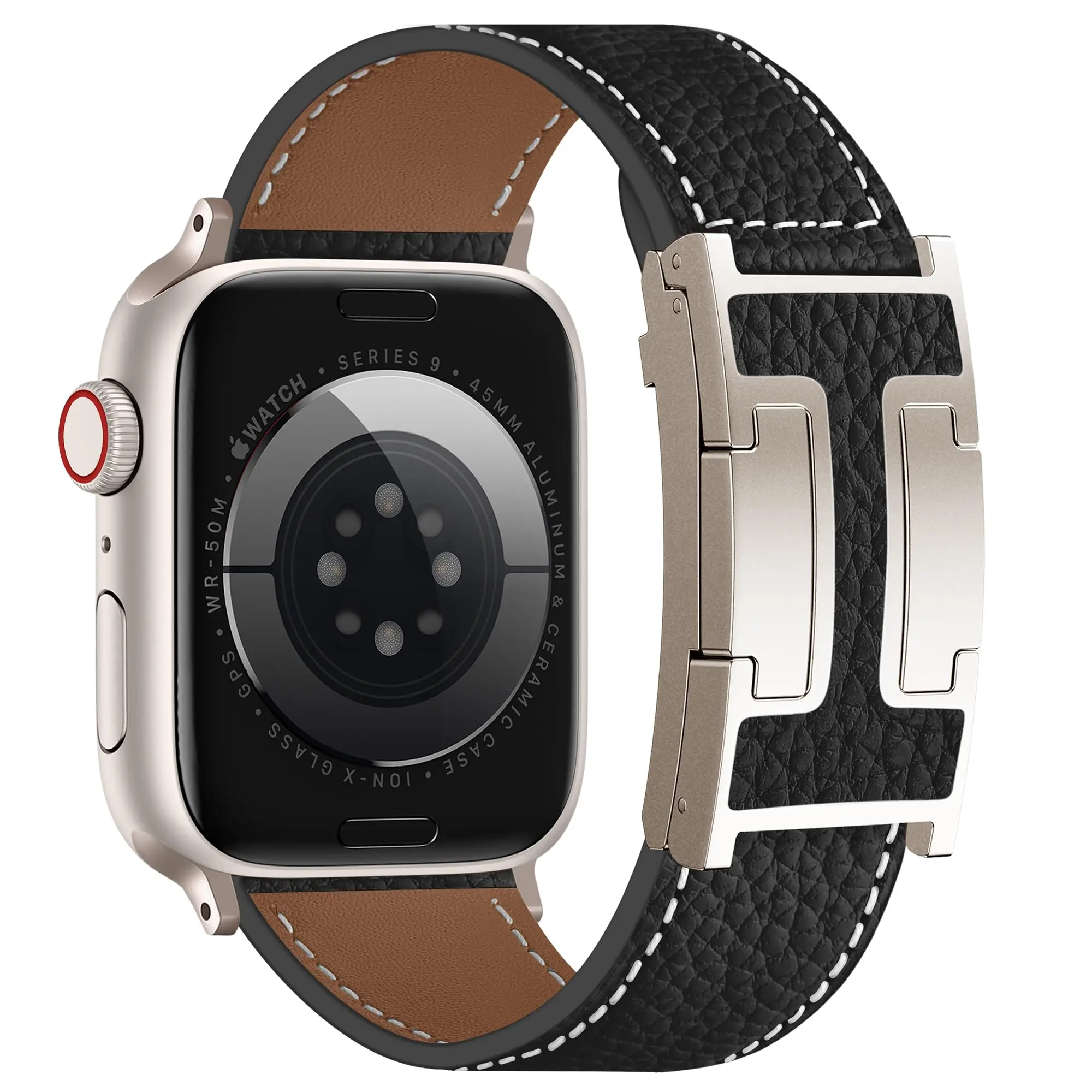 Premium Adjustable Luxe Canvas & Leather Magnetic Watch Band Chic & Versatile Strap for Women Girl H-shaped Buckle Fits 38-49mm Smart Watch Durable Top Grain Lychee Leather Secure Comfortable Fit - Metal