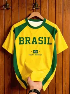 Men's Brazil Peace Football Jersey, Comfortable Sporty Top, All over Print, Round Neck Short Sleeve T-Shirt, Ideal for Training & Leisure, Soccer Jersey