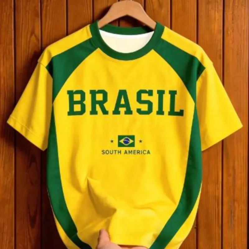 Men's Brazil Peace Football Jersey, Comfortable Sporty Sports Top, Outdoor Sports Top, All over Print, Round Neck Short Sleeve T-Shirt, Ideal for Training & Leisure, Soccer Jersey