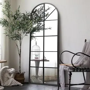 Full Length Mirror, Black Floor Mirror, 65"x22" Arched Window Pane Mirror, Oversize Wall Mirrors, Farmhouse Standing Mirrors with  Frame Hanging or Leaning for Living Room, No Stand