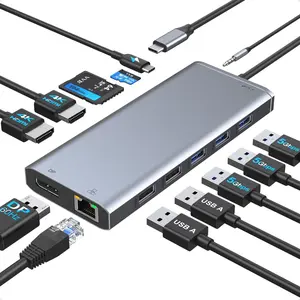 USB C Laptop Docking Station Dual  HDMI for // Laptop Type C Hub Multiport Adapter Dongle Dock,USB C to 2 HDMI+DisplayPort DP+Ethernet+100W USB C Power Charge Port+5USB+SD/TF+Audio