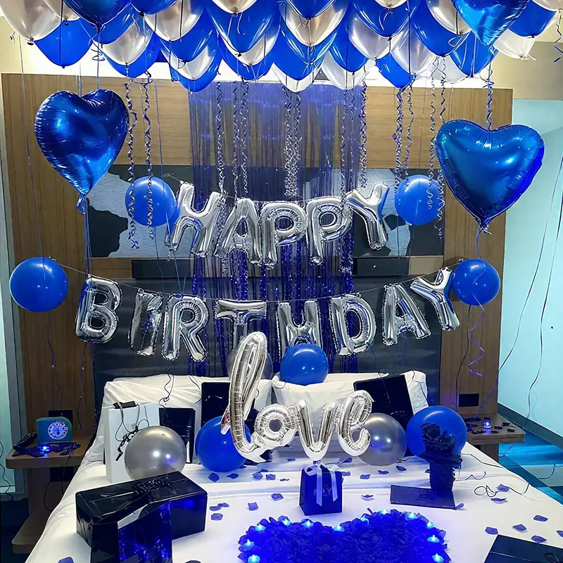 41pcs Blue Happy Birthday Balloon Set, Silver Color Heart & Love Letters, Latex Heart Shaped Balloons for Party Decorations, Wedding, Anniversary, Valentine's Day, Balloon Party Supplies