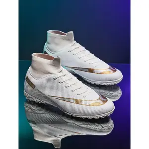 Men's Letter Graphic Print Lace Up High Top Soccer Shoes, Sporty Breathable Comfortable Football Cleats, Professional Sports Shoes for Training Competition, Turf Shoes