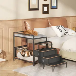 Dog Window Perch with 360° & Adjustable Raised Feeder, Pet Bunk Bed with Stair and Drawers, Elevated Platform Bed, Pet Elevated Seat with Cushion, Paw-Friendly Ladder