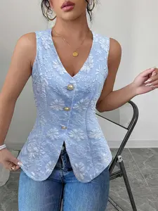 Women's Light Blue Floral Jacquard Vest, Sleeveless V-Neck Waist Cinching Back Heart, Pearl Button Detail, Perfect for Daily & Elegant