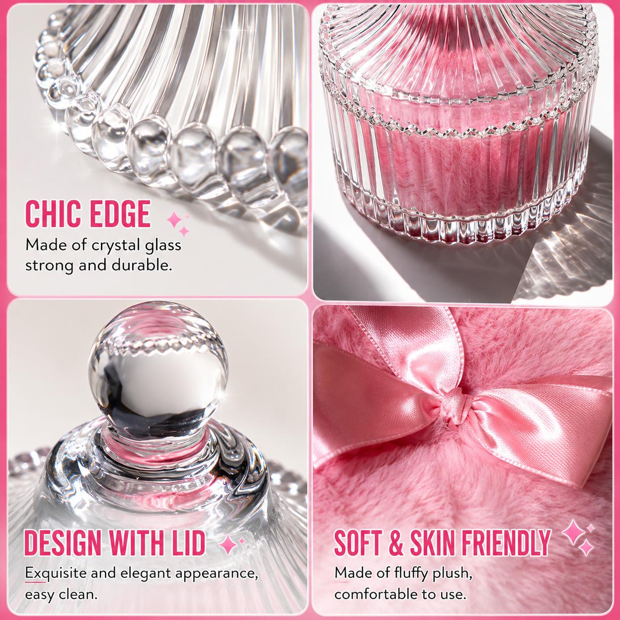 2 Pcs Large Body Powder Puff and Container Powder Container with Puff Powder Puff Crystal Container Soft Washable Reusable Velour Face Body Glitter Powder Puff Wet Dry Makeup (Pink)