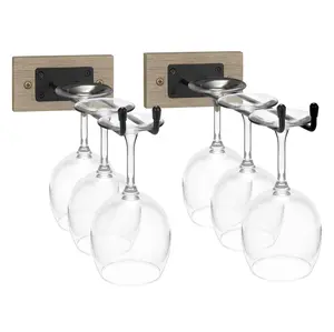 Sorbus Wall Mounted Wine Glass Stemware Rack Set - Wire & Wood Organiser for Wine and Champagne Glasses, and Drinkware Stylish Utensils Holder Kitchen