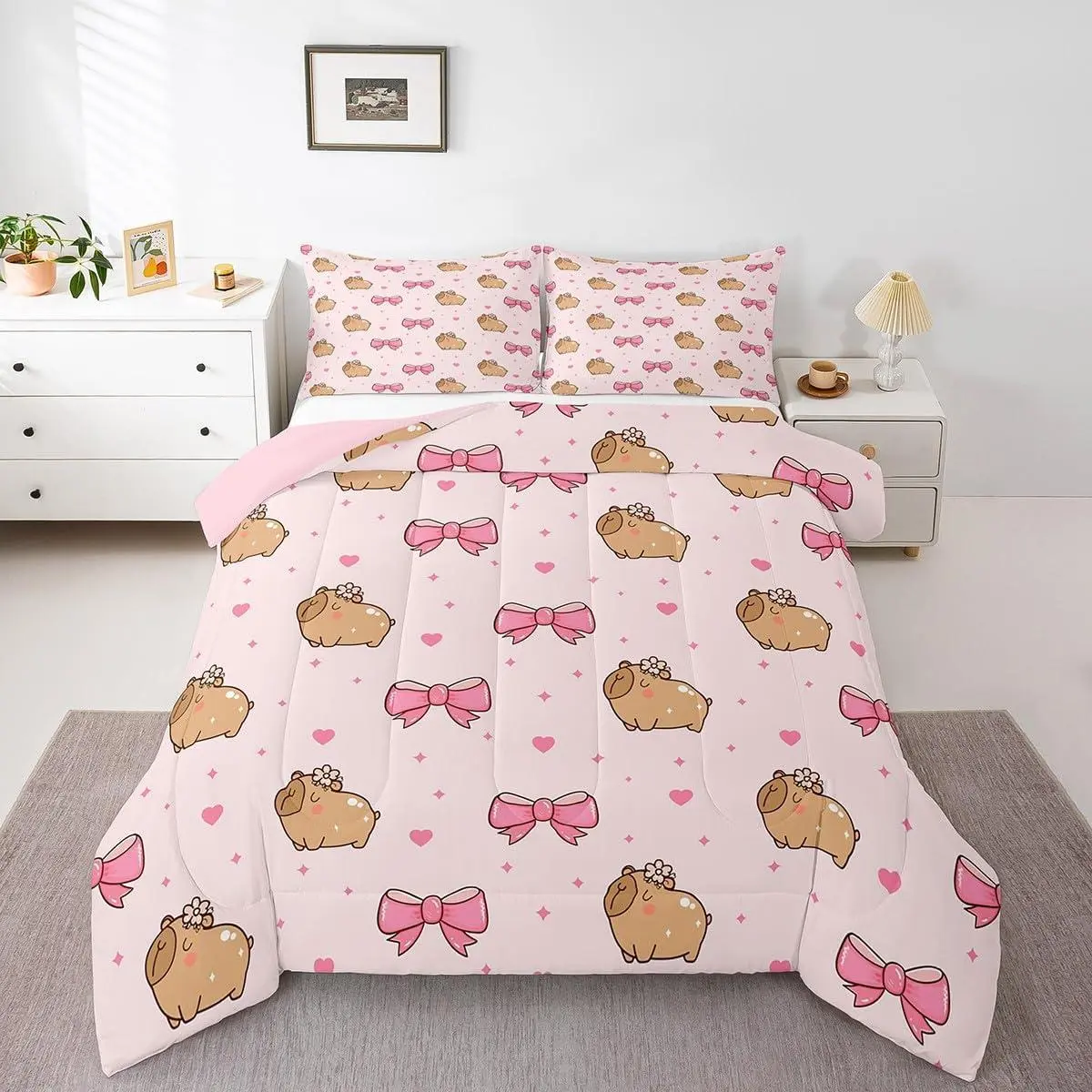 Bowknot Bedding Set,Kids Capybara Comforter Set,Pink Love Heart Duvet Insert for Girls Boys Teens Adult,Cute Animal Pet Quilt Kawaii Bedroom Decor,Machine Washable