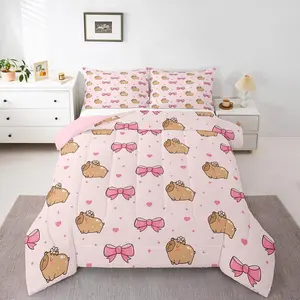 Bowknot Bedding Set,Kids Capybara Comforter Set,Pink Love Heart Duvet Insert for Girls Boys Teens Adult,Cute Animal Pet Quilt Kawaii Bedroom Decor,Machine Washable