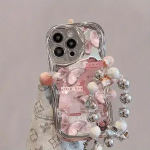 Butterfly Pattern Phone Case with Beaded Chain, Fashion Phone Protective Case, Phone Accessories Compatible with iPhone 15 14 13 12 11 Pro Max, Cover