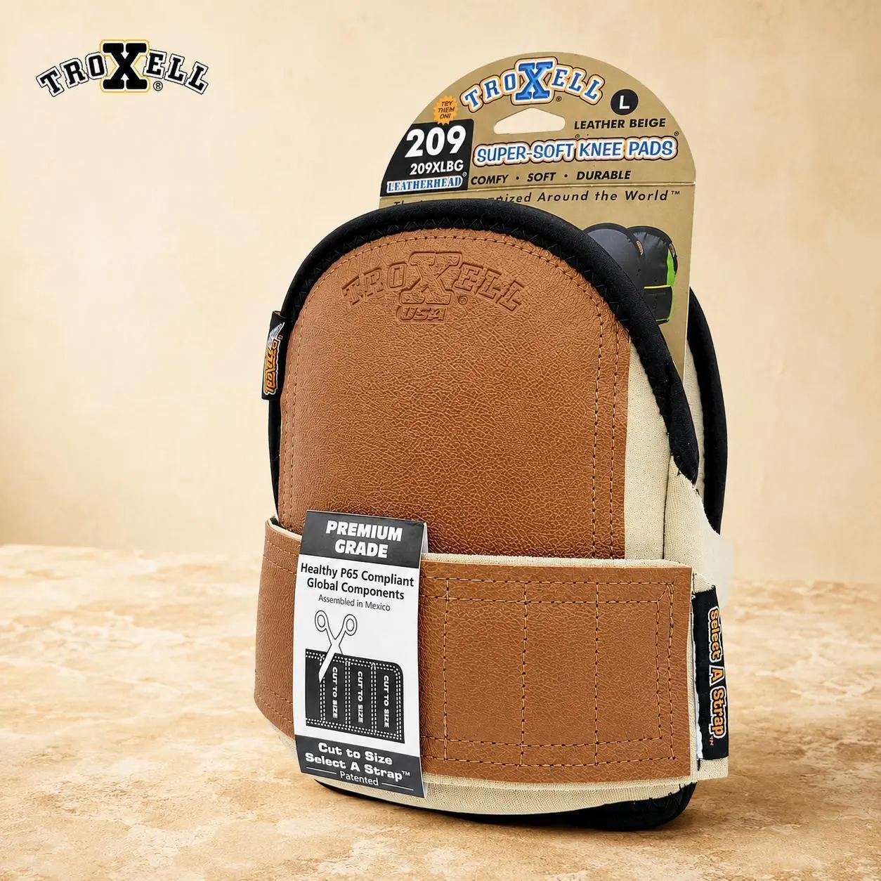 Troxell 209 Super-Soft Leather Knee Pads, Large Beige, Comfortable Cushioned Knee Protection, Adjustable Strap, Durable Work Knee Pads