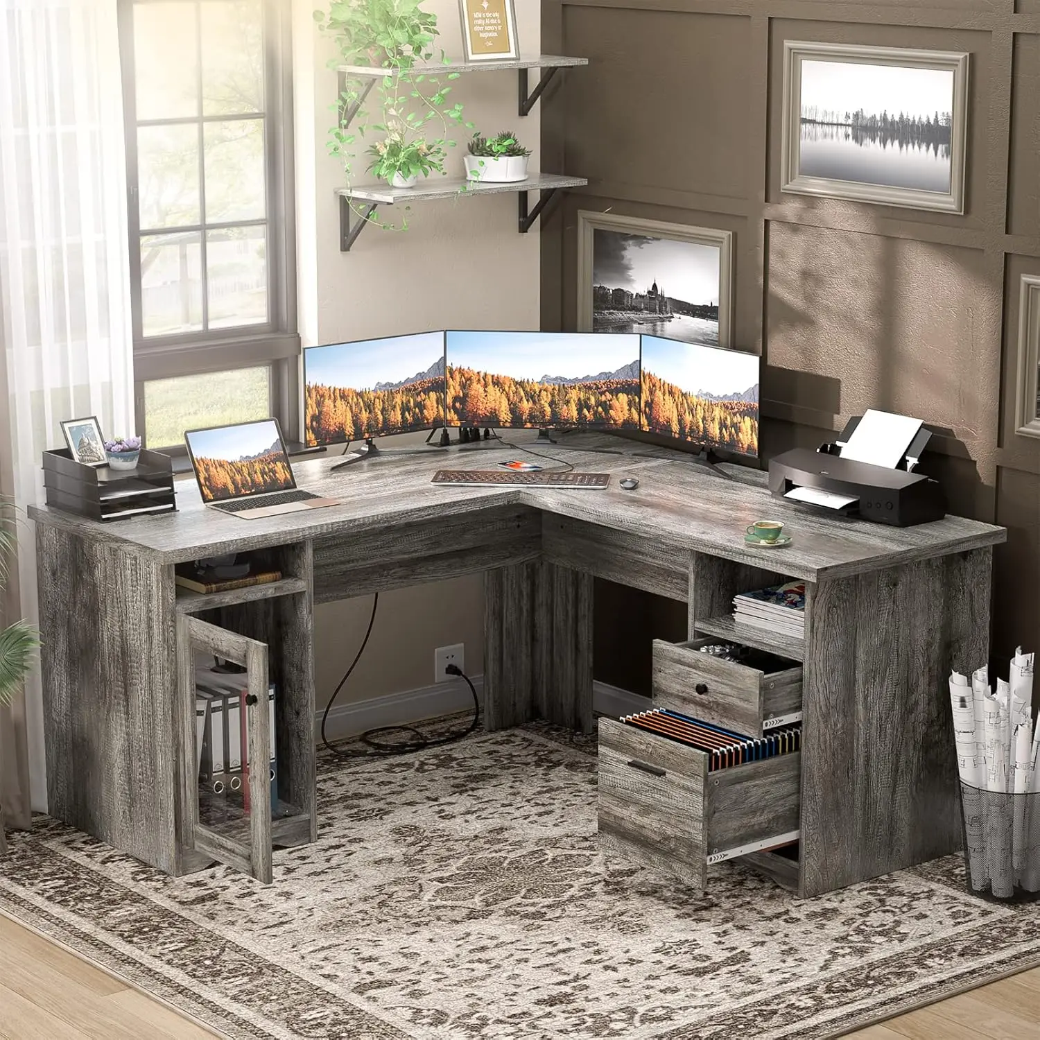 Cyclysio Furniture-Style L-Shaped Modular Desk - 2-Person Large Office Furniture with Built-In Outlets, LED Lights, Compartment Cabinet, Drawers, 600 lbs Load Capacity, Gray Oak Dual-Monitor Desk, Furniture-Style Desks, L-Shaped Modular Desks