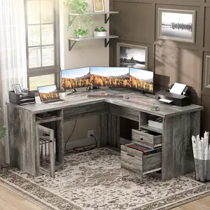 Cyclysio Furniture-Style L-Shaped Modular Desk - 2-Person Large Office Furniture with Built-In Outlets, LED Lights, Compartment Cabinet, Drawers, 600 lbs Load Capacity, Gray Oak Dual-Monitor Desk, Furniture-Style Desks, L-Shaped Modular Desks