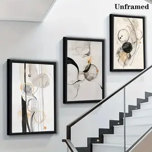 A Set of Three Modern Canvas Murals Featuring Elegant Watercolor Abstract Swirl Pattern Landscapes, Frameless Canvas Murals Designed for Wall Decoration in Indoor Spaces Such As Home Offices, Bathrooms, and Bedrooms