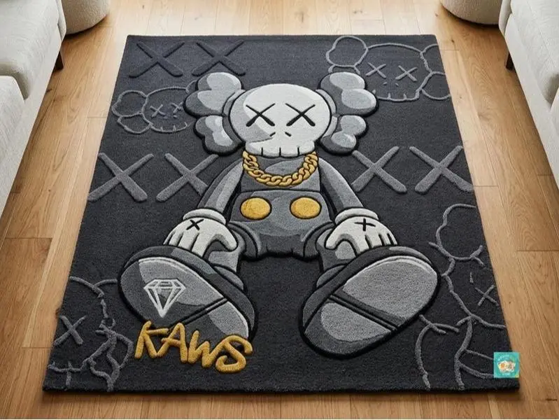 Grey KAWS Inspired Hand Tufted DOORMAT, Pop Art Carpet, Hypebeast Decor, High Low Pile