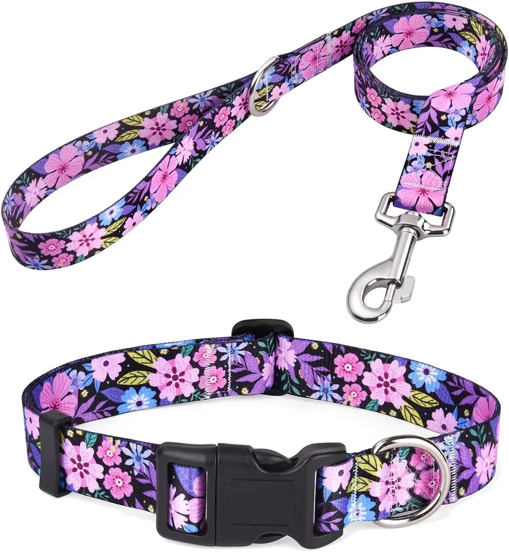 Bohemian Floral Tribal Geometric Dog Collar and Leash Set - Soft Ethnic Adjustable Collars & Leads for Small, Medium, Large Dogs (Pink Floral, S Size)