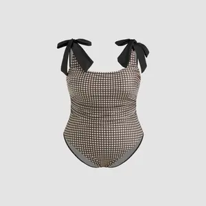 Cider Shaping Gingham Bowknot Ruched One Piece Swimsuit Curve & Plus