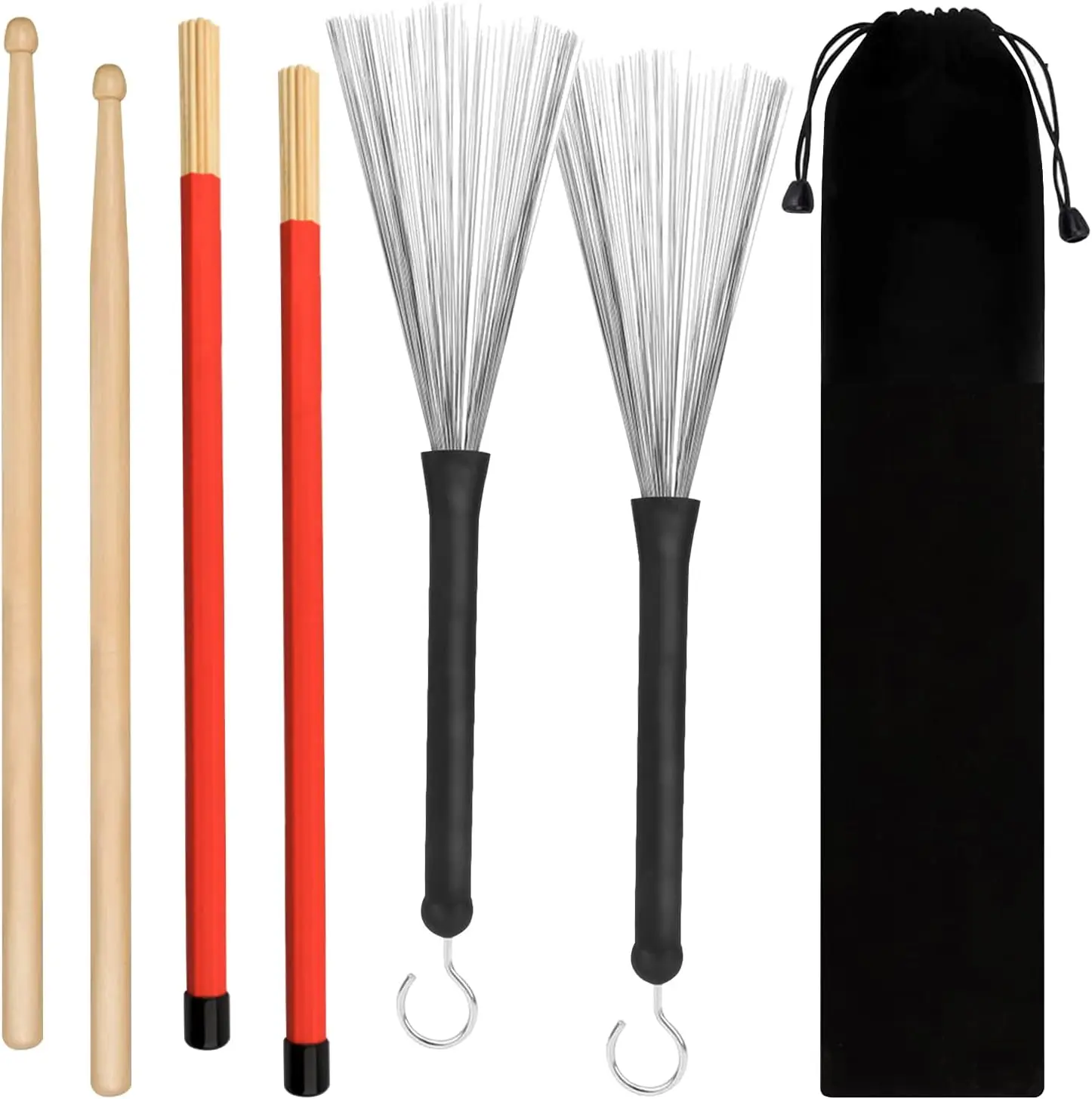 7Pcs/Set Drum Tool Including 1 Pair 5A Maple Wood Drum Sticks,1 Pair Retractable Drum Wire Brushes and 1 Pair Rods Drum Brushes with Storage Bag,Ideal for Adults,Youngers,Rock Band,Jazz Folk Students