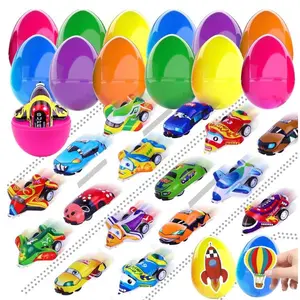 24-Pack Easter Eggs Pre-Filled with Pull-Back Cars & Planes – Plastic Eggs with Toys and Fun Tattoos, Easter Party Favors, Classroom Activity Gifts for Boys