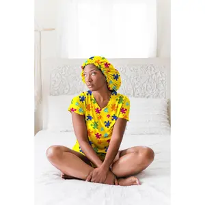 Puzzle Pieces - Bamboo Short Sleeve Pajama Shorts Set, With A Matching Satin-Lined Bonnet