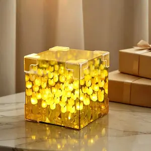 Handmade Yellow Tulip Infinity Mirror Night Light DIY Kit (2-Pack) - 30-Flower Magical Cube Desk Lamp with Gift Bags, LED-Style Low-Light Minimalist Shiny Cute Aesthetic Cloud Bedroom Bedside Lamp, Romantic Holiday Gifts for Women Teens, Led-Style Night L