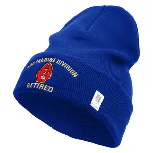 2nd Marine Division Retired Logo Embroidered 12 Inch Solid Knit Cuff Long Beanie Made in USA