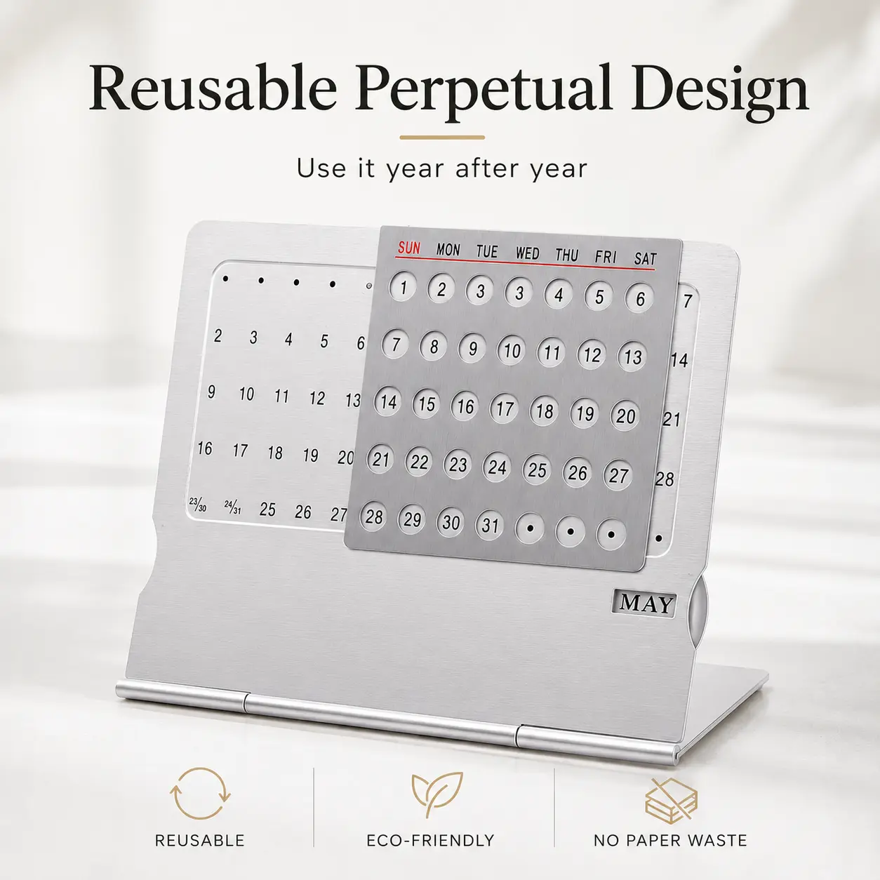 Metal Reusable Flip Calendar, Perpetual Desk Calendar for Home Office Decor, Desktop or Wall Display, Birthday Gift & Office Supplies