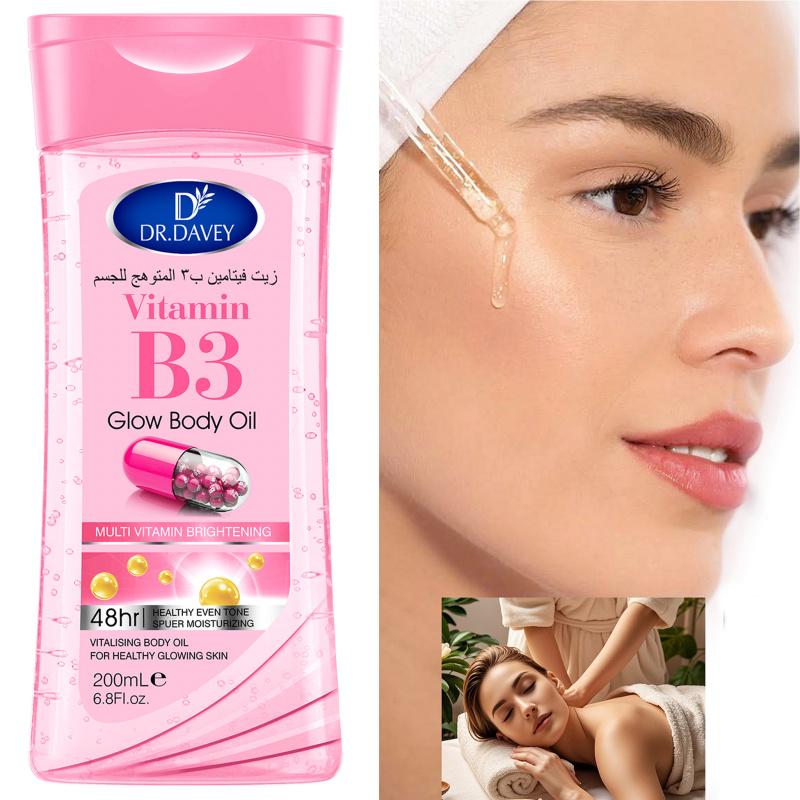 3pcs 200mlDR.DAVEY Vitamin B3 Glow Body Oil Body oil, essential oil, suitable for men and women all seasons, moisturizing skin, large volume body oil, travel portable for Body, Face, Hand, Lip, Eye