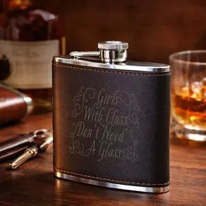 Girls With Class Quote Design Leather Flask, Stainless Steel & Leather Portable Liquor Flask, Compact Reusable Drinking Flask, Suitable for Whiskey, Cocktails, Liquor, Travel-Friendly Pocket Flask, Perfect Gift for Women/Girls