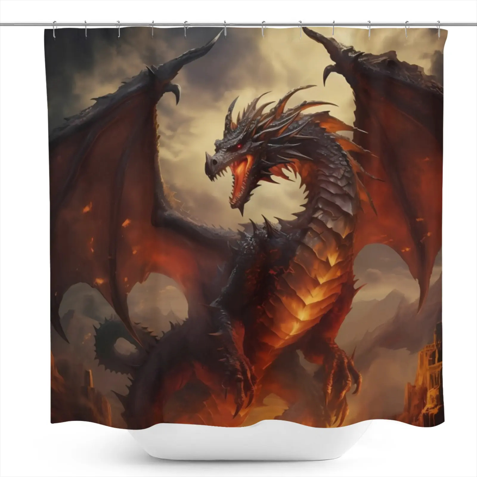 1Pc Fiery Dark Fantasy Dragon Pattern Waterproof Washable Polyester Shower Curtain, 71in W X 71in H, Modern Art Design, 12 Hooks Included, Bathroom Decoration for All Seasons