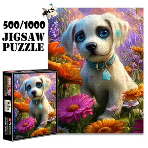 1pc 1000 piece adult puzzle 70x50cm Adorable Puppy with Blue Collar in Flower Field 500 pieces of paper jigsaw puzzle, suitable for adults and families, large-scale DIY puzzle interactive toy games