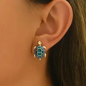 Elegant Cute Turtle Earrings Inlaid Colorful Sparkling Rhinestone, Bohemian Chic Turtle Ear Studs, Premium Ocean Style Jewelry for Party, Proms, Music Festivals & Holiday Wear Fashion Accessories