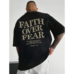 Men's Faith Over Fear Christian T-Shirt - Psalm 118:6 Bible Verse Print, Black and Gold Inspirational Short-Sleeve Crew Neck Summer Casual Loungewear