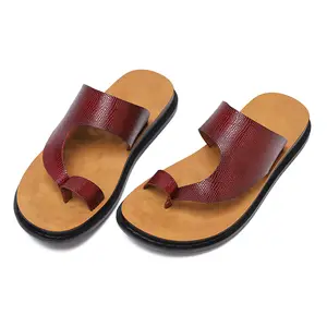 Men's Leather Sandals Toe Ring Snakeskin Texture Slides - Comfortable Massage Footbed Flip Flops