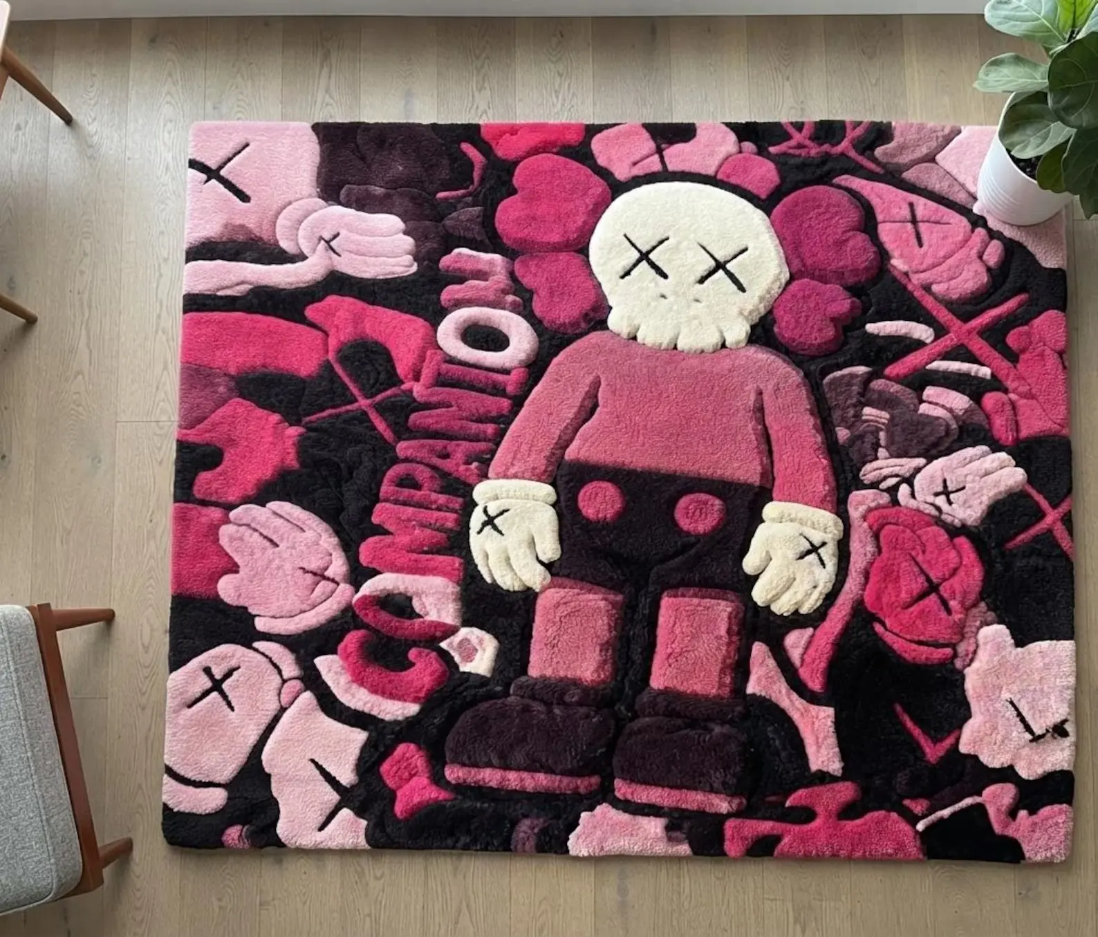 KAWS Inspired Large Pink Hand-Tufted Wool Area Rug, Pop Art Decor, Hypebeast Vibrant Household Textile