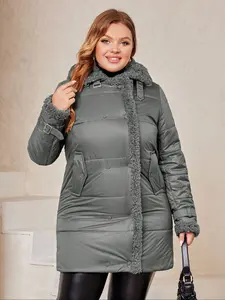 Hooded Stand Collar Fashion Dual Button Warm Oversized Cotton Coat, Women's Winter Outerwear, Casual Long Sleeve Jacket