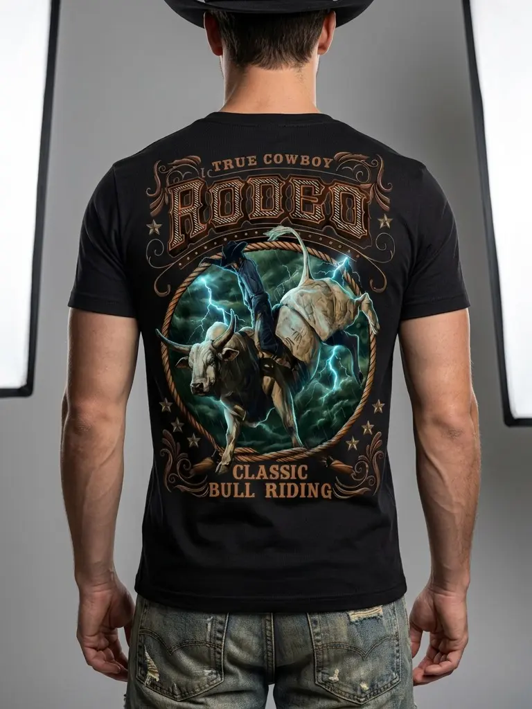 Men's Vintage Rodeo T-Shirt, Classic Western Bull Riding Cowboy Graphic, Casual Short Sleeve Top for Menswear, Shortsleeve, Tshirt, Western Tops, All Seasons, Vintage Print, Western Look