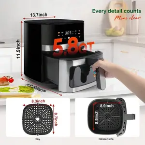 5.8QT Digital Air Fryer With Adjustable Temp&Time For Air Fry, Roast, Reheat, Easy Cooking For Veggies, Frozen Food, Meats, Lightweight Portable For Office, Dorm, Apartment, Stainless Steel