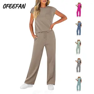 OFEEFAN Womenswear 2 Piece Sets for Women Casual Summer Travel Vacation Outfits Cap Sleeve Lounge Set Chic Crewneck Soft Silky Breathable Clothes