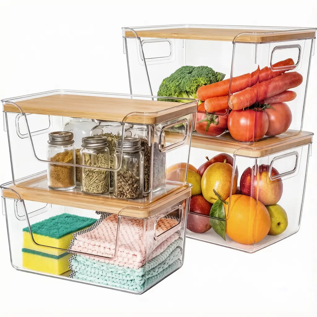 4-Pack Acrylic Pantry Organizers with Bamboo-Top Trash Bag Dispenser - Stackable, Clear, Durable Food Storage Bins for 4/8/13/30 Gal Bags, Under Sink/Balcony Use, Large Cap for Onions, Potatoes, Fruits